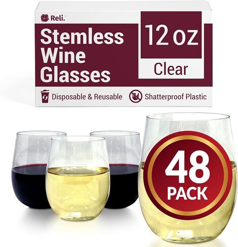 Reli. Disposable Wine Glasses (48 Pack, 12oz) Plastic Stemless Wine Glasses Disposable | Clear and Stemless for Parties, Cocktails, Whiskey, Weddings | Shatterproof in Saudi Arabia