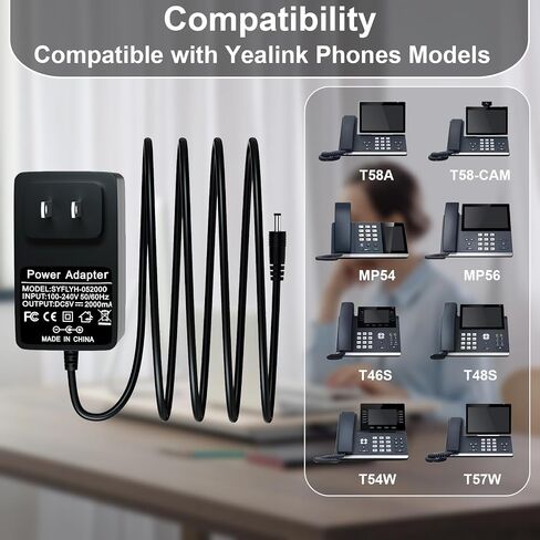 محول الطاقة 5V 1.2A لهواتف Yealink متوافقة مع T53 ، T53W ، T26P ، T27 ، T28P ، T34W ، T41P ، T42G ، T43U ، T20P ، T22P ، MP50 CORD CORD CORD in Kuwait