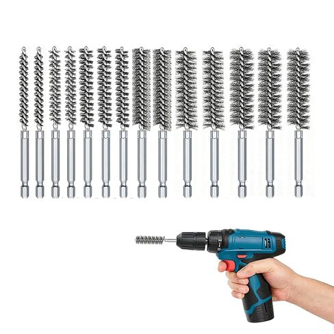 14Pcs Bore Brush Set, Stainless Steel Wire Brushes for Drill | 304 stainless steel bristles; 1/4 in hex shank; 8-25mm sizes; rust removal, deburring, pipe and tube cleaning in Kuwait