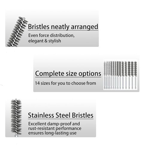 14Pcs Bore Brush Set, Stainless Steel Wire Brushes for Drill | 304 stainless steel bristles; 1/4 in hex shank; 8-25mm sizes; rust removal, deburring, pipe and tube cleaning in Kuwait