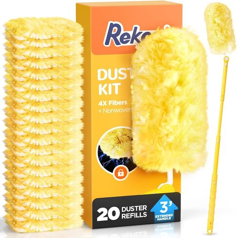 Heavy Duty Duster Refill Kit for Swiffer Duster with 3 ft Extension Pole & 20 Count Refills, 4X Microfibers Multisurface Dusters for Cleaning Home, Celling Fan, Blinds, Vent & Shelves in Kuwait