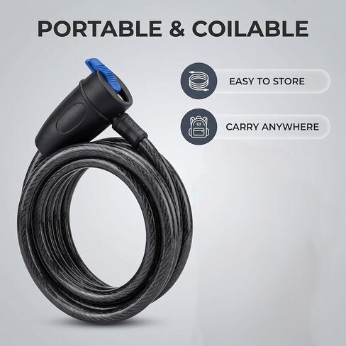 Bike Lock,Bike Cable Lock with Keys, Black, Durable Steel,Coiled Steel Security Cable for Bicycle with Keys for Outdoor Equipment, Bicycles, Scooters, Fence, Gate in Kuwait