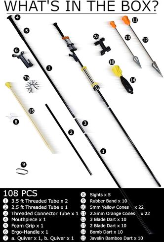 FSFF 625 Blowgun 7 أقدام Moab، أم جميع البنادق النفخية، نظام إطلاق النار الكامل، كل ما تحتاجه، أنبوب نفخ معياري 7/6/3.5 قدم 40 سهمًا - 10 × 3 شفرات، شفرتان، خيزران وصاعق 625 كال أنبوب موآب مجموعة كاملة in Kuwait