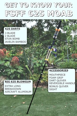 FSFF 625 Blowgun 7 أقدام Moab، أم جميع البنادق النفخية، نظام إطلاق النار الكامل، كل ما تحتاجه، أنبوب نفخ معياري 7/6/3.5 قدم 40 سهمًا - 10 × 3 شفرات، شفرتان، خيزران وصاعق 625 كال أنبوب موآب مجموعة كاملة in Kuwait