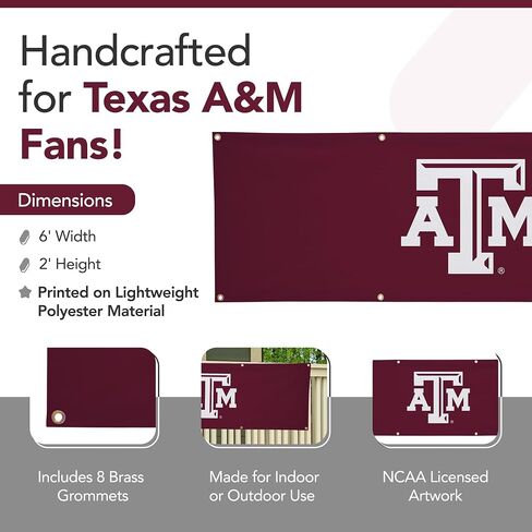 لافتة بوليستر مطبوعة رياضية من Texas A&M Aggies College - مرخصة من الرابطة الوطنية لرياضة الجامعات (NCAA) - زينة التخرج المعلقة - لافتة مدرسية (كستنائي، أبيض) (2 × 6 بوصات) in Kuwait
