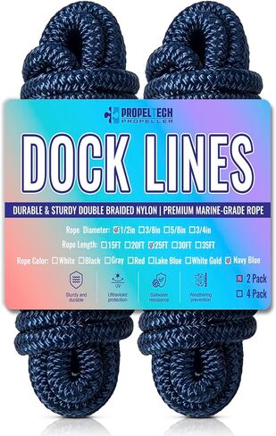 2 Pack 1/2" x 25' Boat Dock Lines,Double Braided Nylon Boat Ropes,Pre-Spliced with 12''Loop Mooring Ropes,Marine Grade Boat Line Dock Rope for Pontoon & Boat,High Strength,Abrasion Resistant-Navy Blue in Kuwait