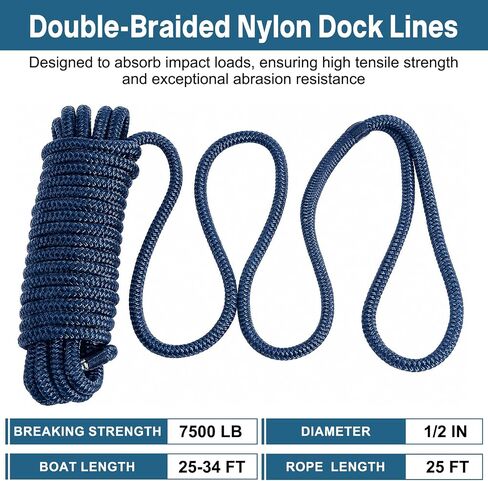 2 Pack 1/2" x 25' Boat Dock Lines,Double Braided Nylon Boat Ropes,Pre-Spliced with 12''Loop Mooring Ropes,Marine Grade Boat Line Dock Rope for Pontoon & Boat,High Strength,Abrasion Resistant-Navy Blue in Kuwait