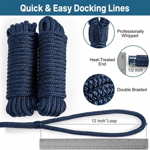 2 Pack 1/2" x 25' Boat Dock Lines,Double Braided Nylon Boat Ropes,Pre-Spliced with 12''Loop Mooring Ropes,Marine Grade Boat Line Dock Rope for Pontoon & Boat,High Strength,Abrasion Resistant-Navy Blue in Kuwait