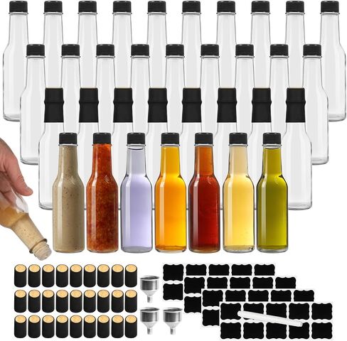 35 Pack of 5 oz Glass Hot Sauce Bottles with Black Caps & Shrink Capsules - Clear Woozy Style Bottles for Vanilla Extract, Homemade Sauces, Dressings & Beverages in Kuwait