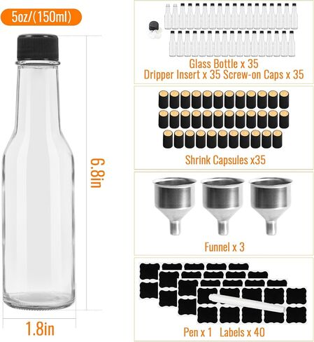 35 Pack of 5 oz Glass Hot Sauce Bottles with Black Caps & Shrink Capsules - Clear Woozy Style Bottles for Vanilla Extract, Homemade Sauces, Dressings & Beverages in Kuwait