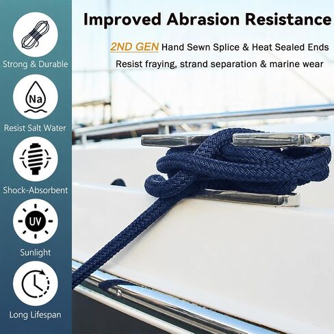 2 Pack 1/2" x 25' Boat Dock Lines,Double Braided Nylon Boat Ropes,Pre-Spliced with 12''Loop Mooring Ropes,Marine Grade Boat Line Dock Rope for Pontoon & Boat,High Strength,Abrasion Resistant-Navy Blue in Kuwait