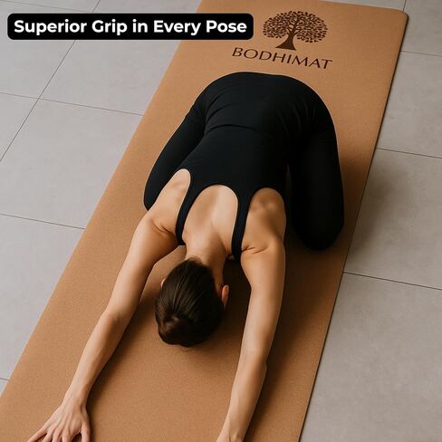 Cork Yoga Mat for Hot Yoga – Sweat-Activated Grip, 4mm Stable Support, Natural Cork Surface + Non-Slip TPE Base, 72" x 24", Pilates & Fitness Mat with Carry Strap in Kuwait