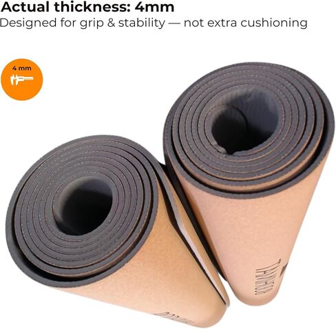 Cork Yoga Mat for Hot Yoga – Sweat-Activated Grip, 4mm Stable Support, Natural Cork Surface + Non-Slip TPE Base, 72" x 24", Pilates & Fitness Mat with Carry Strap in Kuwait