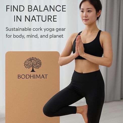 Cork Yoga Mat for Hot Yoga – Sweat-Activated Grip, 4mm Stable Support, Natural Cork Surface + Non-Slip TPE Base, 72" x 24", Pilates & Fitness Mat with Carry Strap in Kuwait