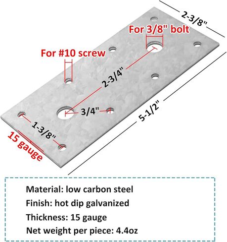 10 Pack 5-1/2" Flat Tie Mending Plate, Galvanized Steel Straight Bracket | for Wood in Kuwait