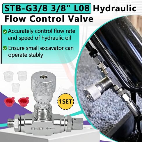 STB-G3/8 3/8" L08 Hydraulic Flow Control Valve Compatible with 1-2 Ton Mini Excavator, Mini Excavator Flow Control Valve with Double-sided Connector (1 Control Valve Body+2 Threads+5 Covers) in Kuwait