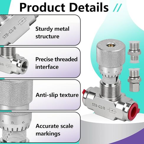 STB-G3/8 3/8" L08 Hydraulic Flow Control Valve Compatible with 1-2 Ton Mini Excavator, Mini Excavator Flow Control Valve with Double-sided Connector (1 Control Valve Body+2 Threads+5 Covers) in Kuwait
