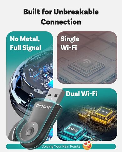 Ottocast Mini 2025 Wireless Carplay & Android Auto 2-in-1 Adapter ، Plug & Play ، 5Ghz WiFi ، Auto Connect for iPhone & Android ، يناسب 98 ٪+ OEM Carplay Cars in Kuwait