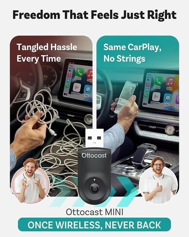 Ottocast Mini 2025 Wireless Carplay & Android Auto 2-in-1 Adapter ، Plug & Play ، 5Ghz WiFi ، Auto Connect for iPhone & Android ، يناسب 98 ٪+ OEM Carplay Cars in Kuwait