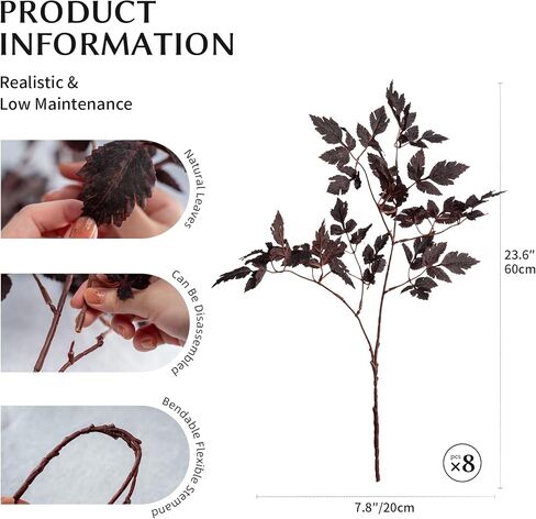 Artificial Fall Leaves Fall Stems Silk Plants Artificial Cimicifuga Plant Greenery， 4pcs Fall Stems for Vases Silk Plants for Home Indoor Table，Fireplace，Shop Office Decorations (No Vase in Saudi Arabia
