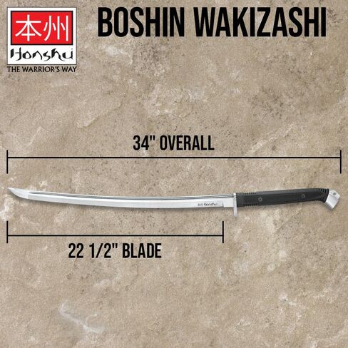 سيف HONSHU Boshin Wakizashi - شفرة فولاذية كربونية 1050 مزورة يدويًا، وحارس فولاذي وحلق، ومقبض TPR متين - سيف تكتيكي جاهز للمعركة - 34 بوصة بشكل عام | حارس فولاذي وحلق، مقبض TPR متين - سيف تكتيكي جاهز للمعركة - 34 بوصة بشكل عام in Kuwait