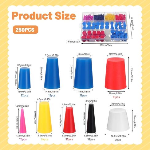 250 Pcs Silicone Rubber Stoppers 9 Sizes Tapered Silicone Plugs Kit 1/15 to 1 Inch for Powder Coating Hole Painting Protection Reusable in Saudi Arabia
