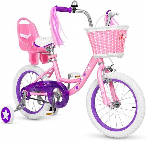 14 Inch Kids Bike for Girls Ages 3-5 Training Wheels, Children Bicycle with Basket, Bell, Streamers, Coaster Brake, Adjustable Seat & Saddle, for Beginner Riders, Pink in Kuwait