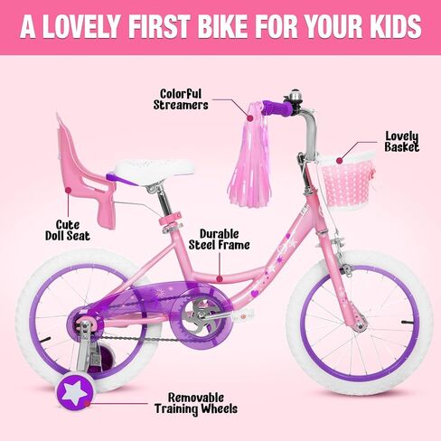 14 Inch Kids Bike for Girls Ages 3-5 Training Wheels, Children Bicycle with Basket, Bell, Streamers, Coaster Brake, Adjustable Seat & Saddle, for Beginner Riders, Pink in Kuwait
