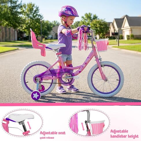 14 Inch Kids Bike for Girls Ages 3-5 Training Wheels, Children Bicycle with Basket, Bell, Streamers, Coaster Brake, Adjustable Seat & Saddle, for Beginner Riders, Pink in Kuwait