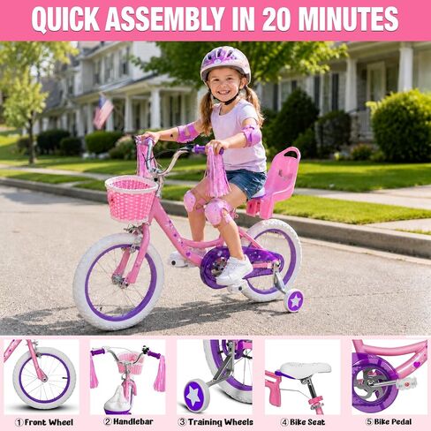 14 Inch Kids Bike for Girls Ages 3-5 Training Wheels, Children Bicycle with Basket, Bell, Streamers, Coaster Brake, Adjustable Seat & Saddle, for Beginner Riders, Pink in Kuwait