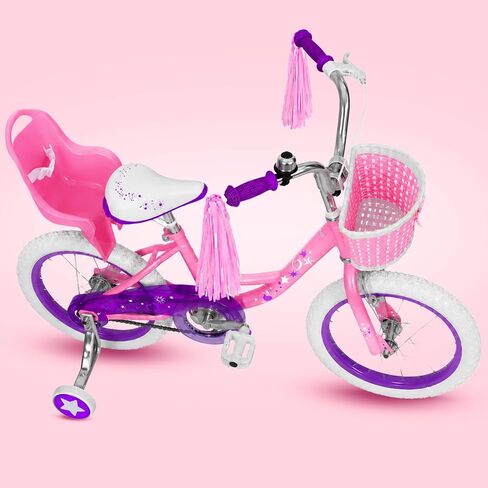 14 Inch Kids Bike for Girls Ages 3-5 Training Wheels, Children Bicycle with Basket, Bell, Streamers, Coaster Brake, Adjustable Seat & Saddle, for Beginner Riders, Pink in Kuwait