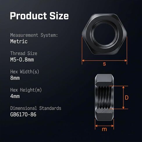 Xinjoduz 150 PCS M5-0.8 Hex Nuts, Black Oxide, Carbon Steel Self Lock Tiny Nuts, Metric Hexagon Hex Nut Drive, Right Hand, 8mm Width, 4mm Height, Small Nuts-Fasteners M5 Replacement Nut in Kuwait