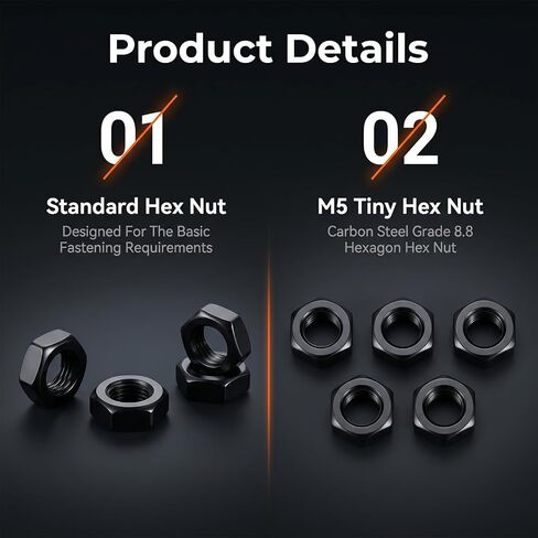 Xinjoduz 150 PCS M5-0.8 Hex Nuts, Black Oxide, Carbon Steel Self Lock Tiny Nuts, Metric Hexagon Hex Nut Drive, Right Hand, 8mm Width, 4mm Height, Small Nuts-Fasteners M5 Replacement Nut in Kuwait