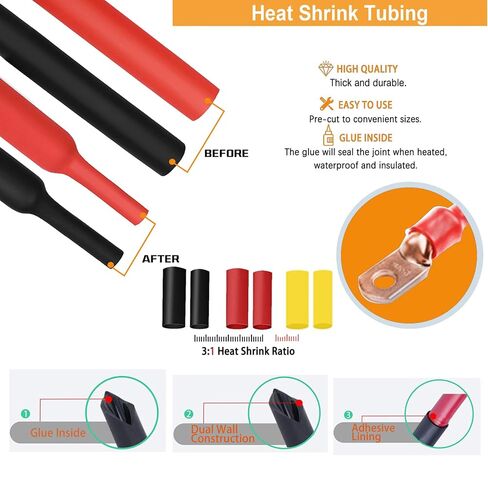 12Pcs 6 AWG #10(M5) Stud Heavy Duty Tinned Copper Wire Lugs with 12Pcs Heat Shrink Tubing 6 Gauge Battery Cable Ends Ring Terminals Eyelets Tubular Ring Terminal for Car Boat Marine in Kuwait