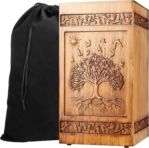 Hand Carved Pine Wood Urn for Human Ashes, Adult Cremation Urn with Pyramid Pattern, Biodegradable Burial Urn for Men, Women & Large Pets, 250lbs Capacity, Includes Velvet Bag in Saudi Arabia