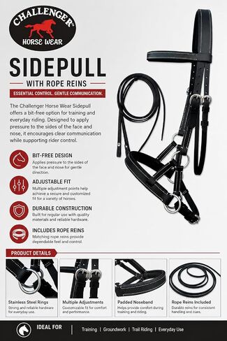 CHALLENGER English Western Horse Leather Bitless Bridle Sidepull Halter Reins Brown 7701BKF in Kuwait