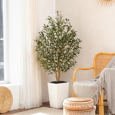Artificial Olive Tree 6FT Faux Olive Tree - Adjustable Branches UV Resistant with Brown Taper Planter and Pebbles - Faux Plants Indoor for Living Room, Office Decor and Bedroom in Kuwait