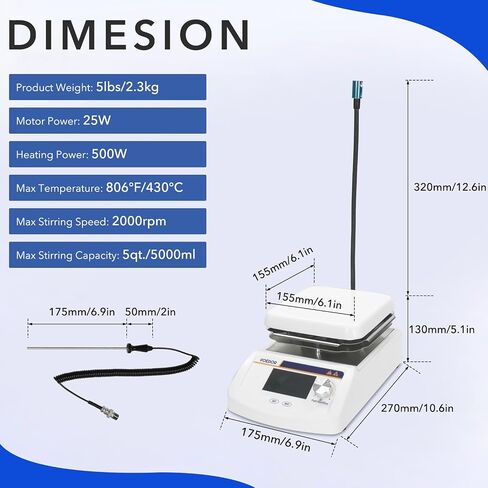 Digital Hot Plate Magnetic Stirrer 6.1 inch Max 5L Max Temp.430℃ 100-2000RPM Ceramic Coated Magnetic Mixer with 4 Stir Bars&Temp Probe Sensor（Anti-Corrosion casing）,Support Stand Included in Kuwait