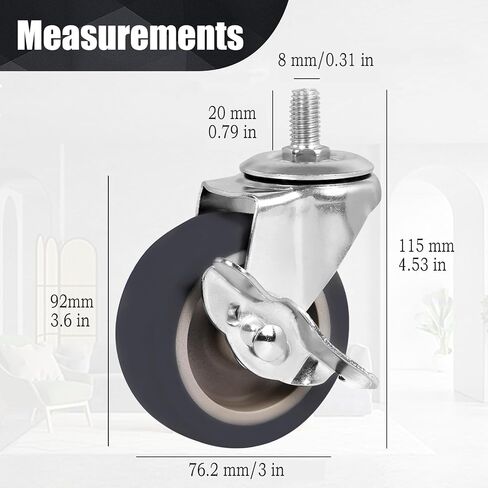 3 Inch Stem Caster Wheels Set of 4, Heavy Duty 600 lbs Quiet Non-Marking Rubber Swivel Caster with Brake, M8-1.25x20mm for Workbench Trolley Furniture Dolly in Kuwait