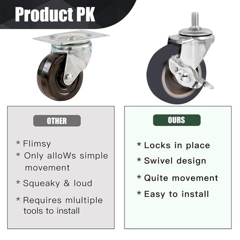 3 Inch Stem Caster Wheels Set of 4, Heavy Duty 600 lbs Quiet Non-Marking Rubber Swivel Caster with Brake, M8-1.25x20mm for Workbench Trolley Furniture Dolly in Kuwait