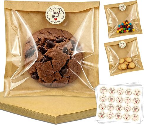 Cookie Packaging Bags with Seal- 100PCS 5.7x6.5 Inch Paper Bakery Bags with Window,Heat Sealable&Grease Resistant To Go Bake Sale Sleeves for Snack,Brownie,Treat, Donut,Cake Slice, Scone in Saudi Arabia