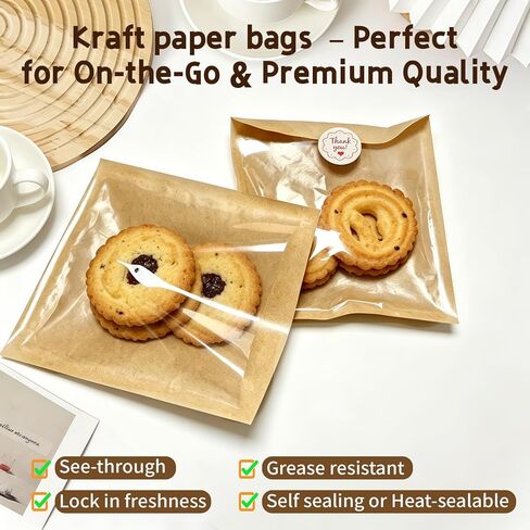 Cookie Packaging Bags with Seal- 100PCS 5.7x6.5 Inch Paper Bakery Bags with Window,Heat Sealable&Grease Resistant To Go Bake Sale Sleeves for Snack,Brownie,Treat, Donut,Cake Slice, Scone in Saudi Arabia
