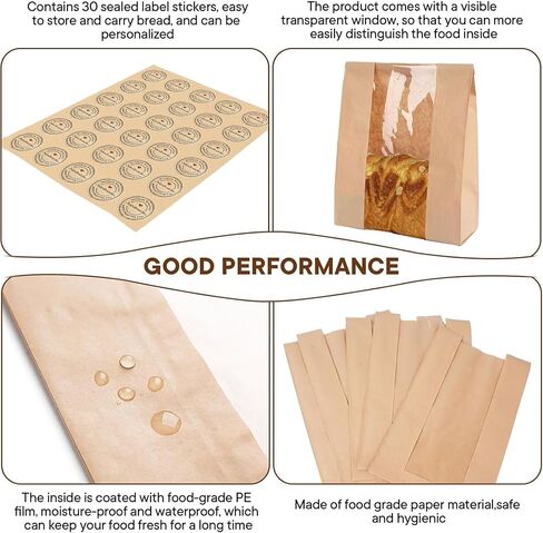 10 PCS Kraft Paper Bread Bags with Clear Window - Includes 10 Homemade Bread Label Stickers, 11.8×4.7×3.5 Inch Bakery Bags for Bread Storage & Packaging in Saudi Arabia