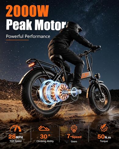 AZHAR Foldable Electric Bike for Adults, 2000W Peak Motor, Up to 28MPH 65 Miles Range, 48V 20Ah Removable Battery, 20 Inches Fat Tires Ebike, Full Suspension, 7-Speed Gear, Portable Commuter Bicycle in Saudi Arabia