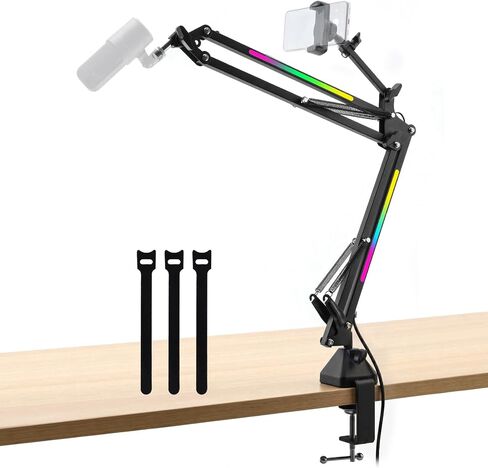 2 in 1 Microphone Arm Stand with Phone Holder, RGB Button Suspension Scissor Mic Boom Arm for Gaming/YouTube/Music Recording, 3/8" Desk Mount Clamp Metal Adjustable Mic Stand for Streaming Podcasting in Saudi Arabia