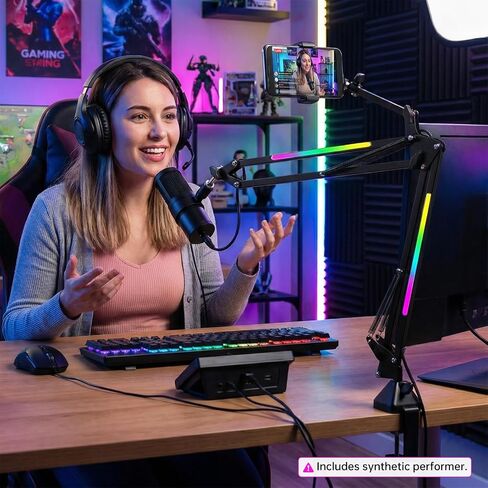 2 in 1 Microphone Arm Stand with Phone Holder, RGB Button Suspension Scissor Mic Boom Arm for Gaming/YouTube/Music Recording, 3/8" Desk Mount Clamp Metal Adjustable Mic Stand for Streaming Podcasting in Saudi Arabia