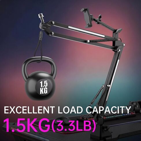 2 in 1 Microphone Arm Stand with Phone Holder, RGB Button Suspension Scissor Mic Boom Arm for Gaming/YouTube/Music Recording, 3/8" Desk Mount Clamp Metal Adjustable Mic Stand for Streaming Podcasting in Saudi Arabia