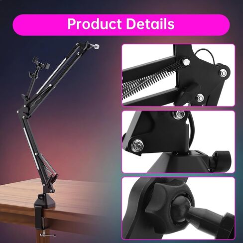 2 in 1 Microphone Arm Stand with Phone Holder, RGB Button Suspension Scissor Mic Boom Arm for Gaming/YouTube/Music Recording, 3/8" Desk Mount Clamp Metal Adjustable Mic Stand for Streaming Podcasting in Saudi Arabia