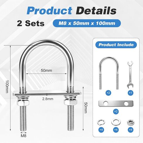2 Pack U Bolts 2 Inch Wide, 304 Stainless Steel U-Bolts M8×50mm×100mm Heavy Duty U Bolt for Trailer, Truck, Boat & Industrial Hardware in Kuwait