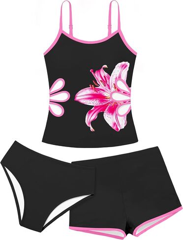 AGAPENG Girls Tankini Swimsuit 3 Piece Bathing Suit Adjustable Straps Cut Out Tankinis Set with Shorts Girls' Swimwear 9-16Y in Kuwait